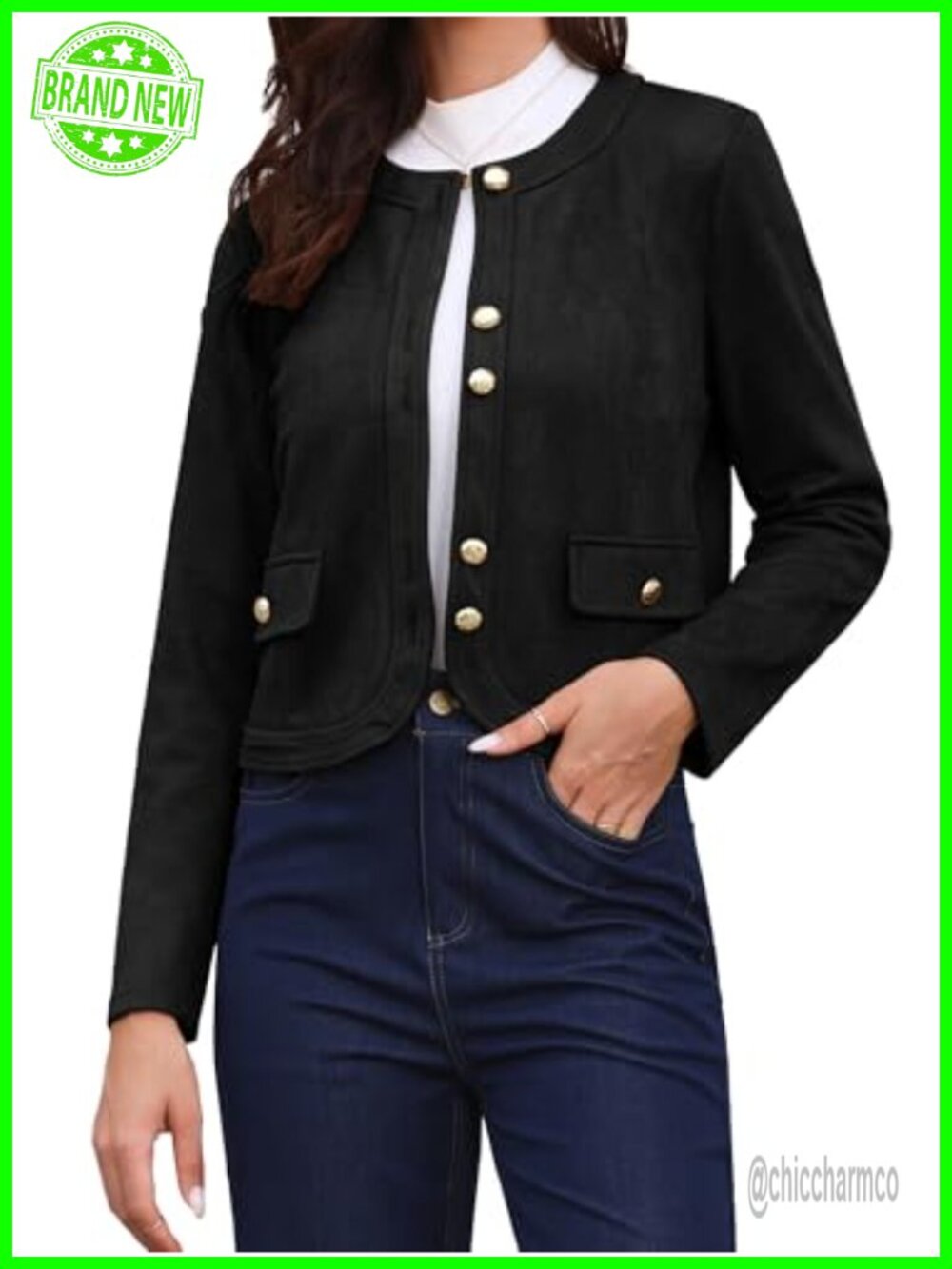 Faux Suede Cropped Button Down Jacket Long Sleeve Collarless Casual Outerwear